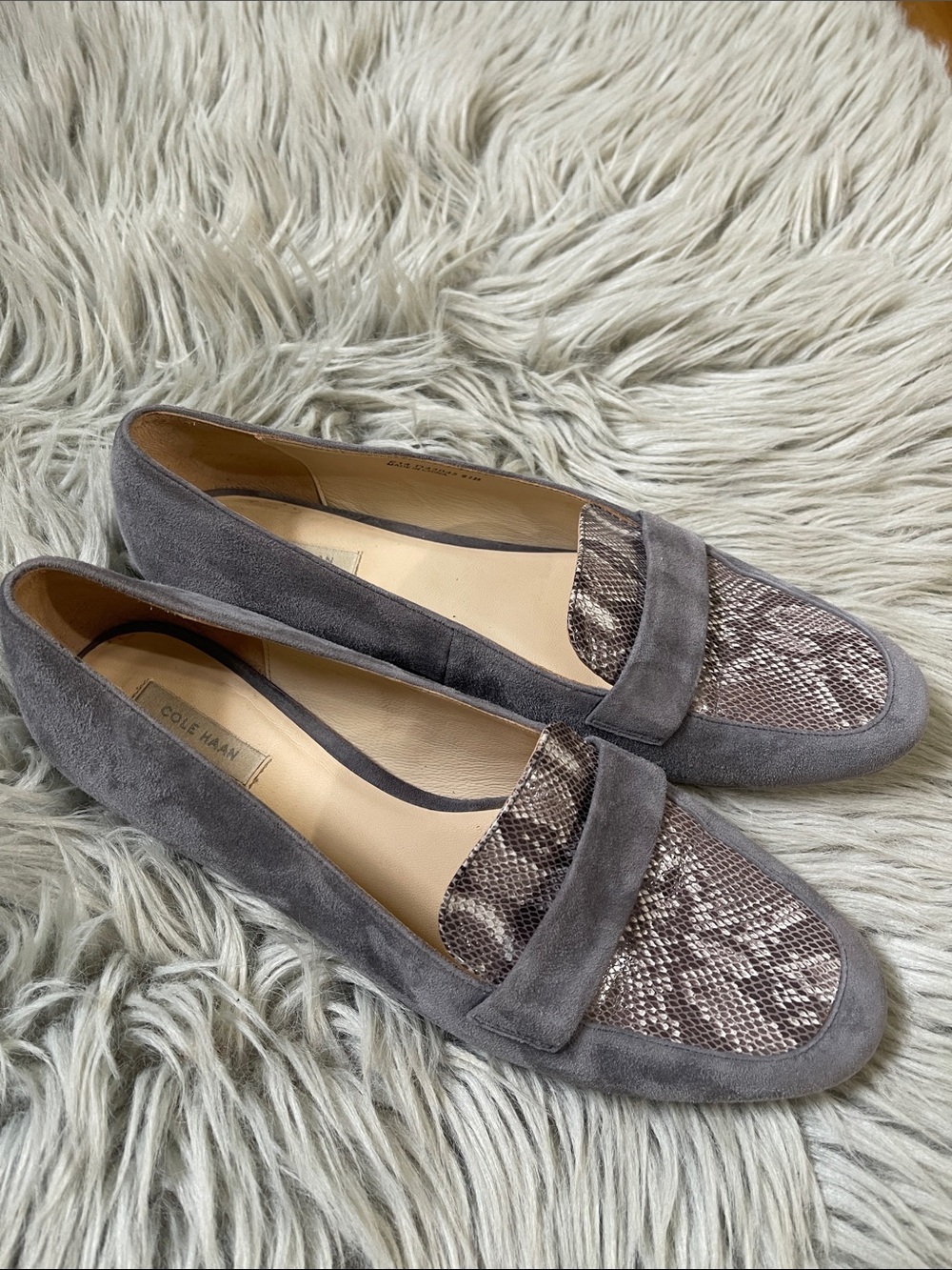 Cole Haan Gray Suede Loafers with Snake-Print Vamp - Picture 3 of 5